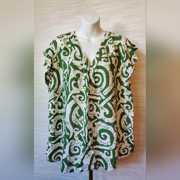 Haute Hippie Green Cream Flutter Sleeve V Neck Geometric Print Top Size 2X - Picture 1 of 8